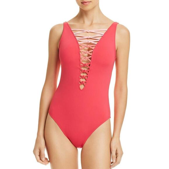 Bleu Rod Beattie Pink Lace-Up Plunge One-Piece Swimsuit - Size 10 - Picture 1 of 15